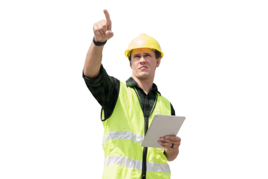 Portrait of male engineer construction working on transparent background. Male construction builder standing on transparent background