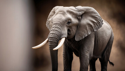 Fototapeta premium Majestic elephant with prominent tusks, centered on a blurred background. This close-up highlights the animal's size and power.