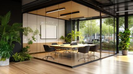 Fototapeta premium Modern glass walled conference room with plants and wooden accents