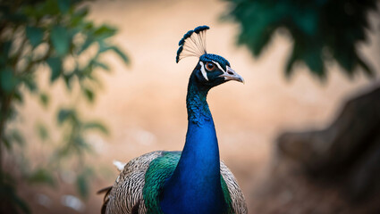 A peacock stands proudly, showcasing its vibrant blue neck and feathered head. The image captures the bird's regal beauty against a natural background.