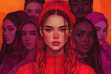 Fototapeta premium A bold and dynamic digital illustration of a diverse group of women in red and orange tones, exuding strength, confidence, and unity. 