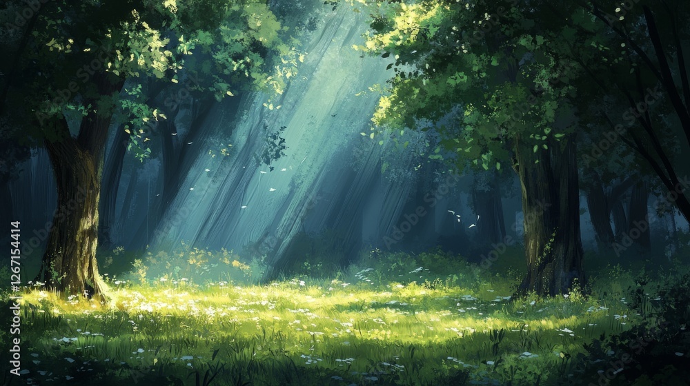 Poster sunlight filters through trees illuminating a grassy forest clearing