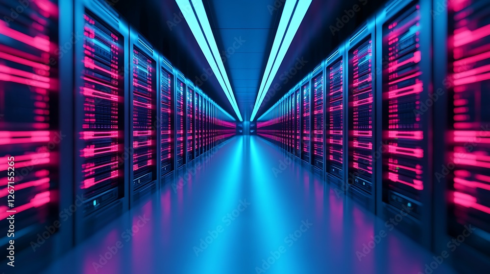 Poster rows of servers in a modern data center. concept of technology, big data, and digital infrastructure