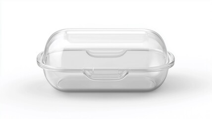 Photorealistic image of a clear plastic travel soap holder with a hinged lid, isolated on a white background
