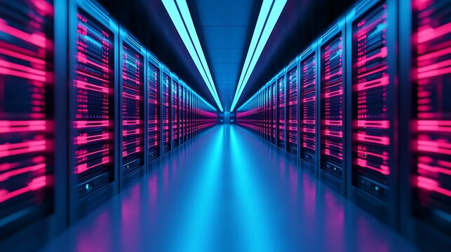 Rows of servers in a modern data center.  Concept of technology, big data, and digital infrastructure.
