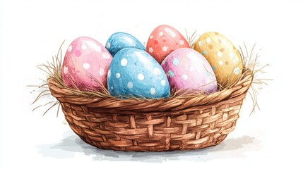Easter concepts, A colorful basket filled with decorative Easter eggs resting on straw, featuring various pastel colors and polka dots.