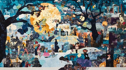 Naklejka premium A Mosaic Landscape with Figures and a Moon