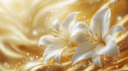 Elegant white lilies bloom against a shimmering golden background, creating a serene and luxurious atmosphere.