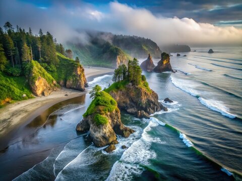 Washington's Ruby Beach: a foggy summer day captured in breathtaking aerial photography.