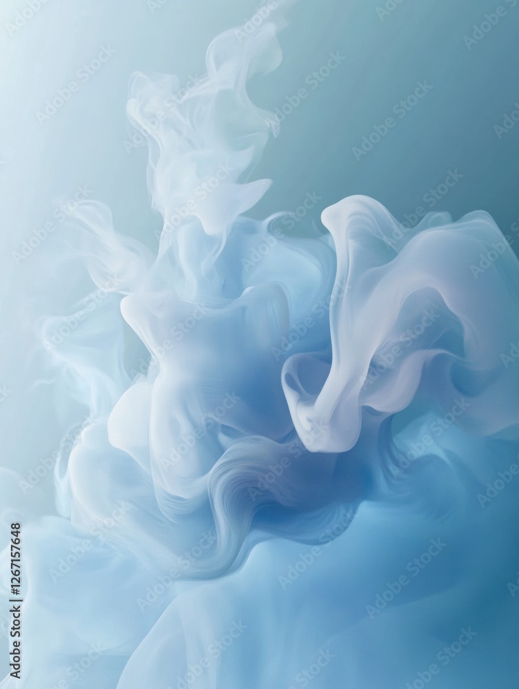 Poster Soft blue swirling smoke creating an ethereal atmosphere in calming tones set against a light gradient background. Generative AI