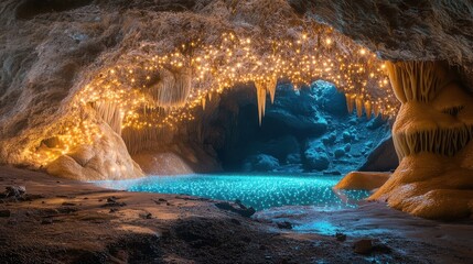 Enchanting Fantasy Cave with Luminous Stalactites and Mystical Pool of Light in an Otherworldly Setting