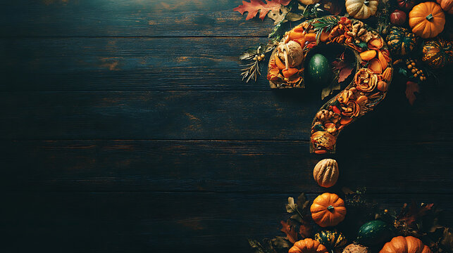 Autumnal Thanksgiving Pumpkins Forming A Question Mark On Dark Wooden Background
