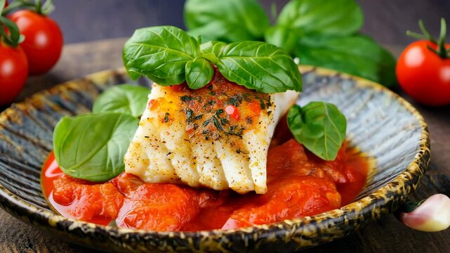 Grilled cod fillet resting on a bed of vibrant tomato sauce, garnished with fresh basil leaves.