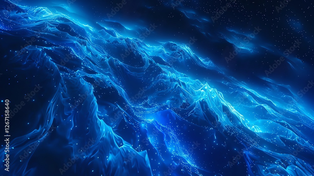 Canvas Prints an abstract, digital rendering of a glowing blue landscape with a starry sky.