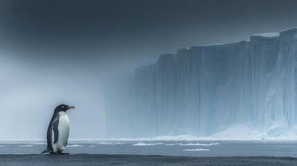 A dramatic shot of an Adlie penguin against a backdrop of towering ice cliffs