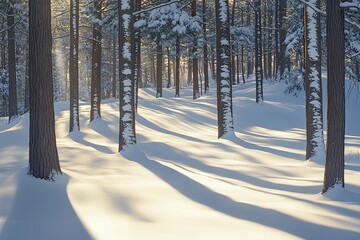 Winter Sunlight Illuminates Snow-Covered Forest, Casting Long Shadows on Pristine White Landscape. Majestic Trees Stand Tall in Serene Nature Scene.