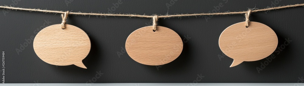 Poster wooden speech bubbles on string against dark background for creative communication conceptual displa