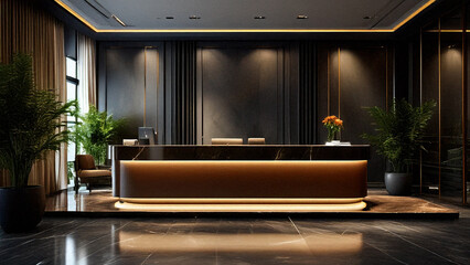 A polished marble reception desk with sleek, modern edges and soft lighting, representing luxury and elegance in corporate design