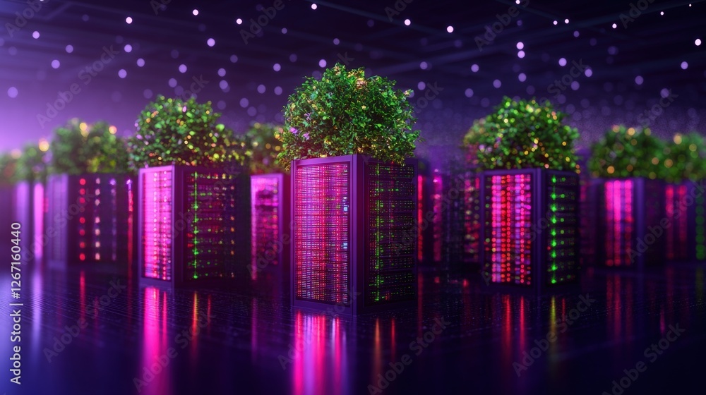 Poster group of technology workers with servers and trees growing from them in an office environment