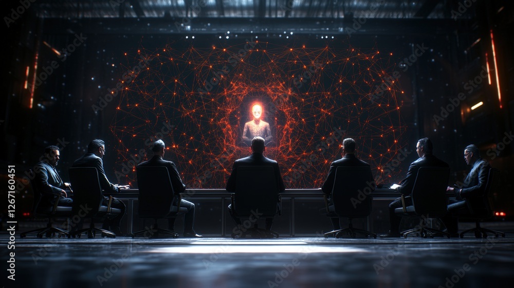 Poster group of business people having a meeting around a table with a hologram display in a modern office 