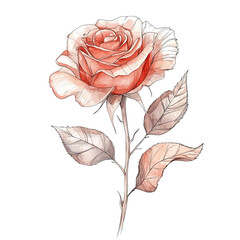 Elegant Rose Flower Line Art with Watercolor Leaves Design Element
