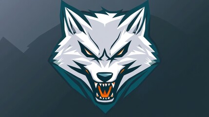 White wolf head mascot, snarling, dark background, gaming logo