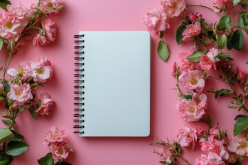 Obraz premium Beautiful notebook surrounded by pink roses on a soft pink surface for creative inspiration
