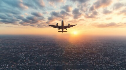 Plane flying over a city skyline at sunset with hands holding a model airplane against a colorful sky