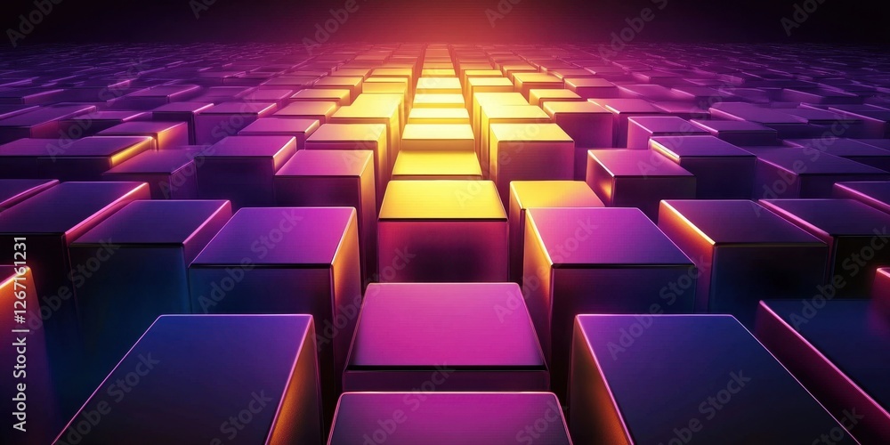 Poster abstract purple and gold cubes: a 3d digital art rendering of geometric shapes with gradient lightin