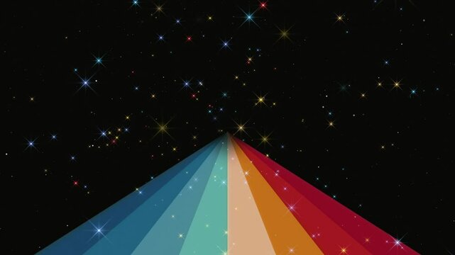 Looped retro dark colorful background with rainbow road and cosmic glitter, pop art, grainy texture, 4k animation cartoon footage. Vintage Striped Backgrounds, Retro Colors from the 1970s, 80s, 90s. 