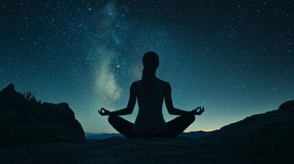 An individual is captured meditating against a stunning backdrop of a starry sky, embodying peace, introspection, and a deep connection with the universe.