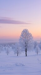 Tranquil winter sunrise with snow-covered trees in frosty landscape