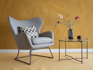Stylish Grey Wingback Chair and Glass Coffee Table in a Mustard Yellow Room