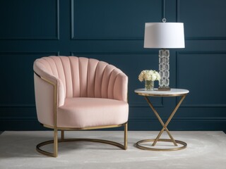 Blush pink velvet armchair with gold accents