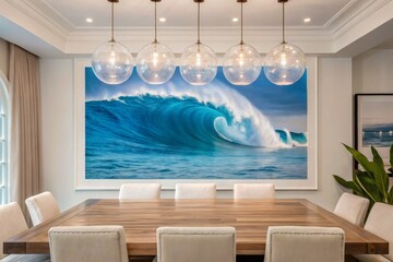 Large-Scale Ocean Wave Print in Modern Dining Room