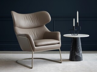 Stylish taupe leather armchair and marble side table in a modern living room.