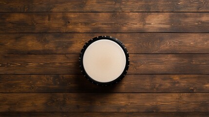 A top view of a percussion instrument resting on a rustic wooden surface, showcasing its texture and design.