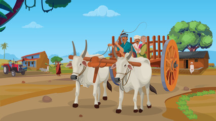 Indian village and bullock cart, people traveling in a bullock cart © neelstock
