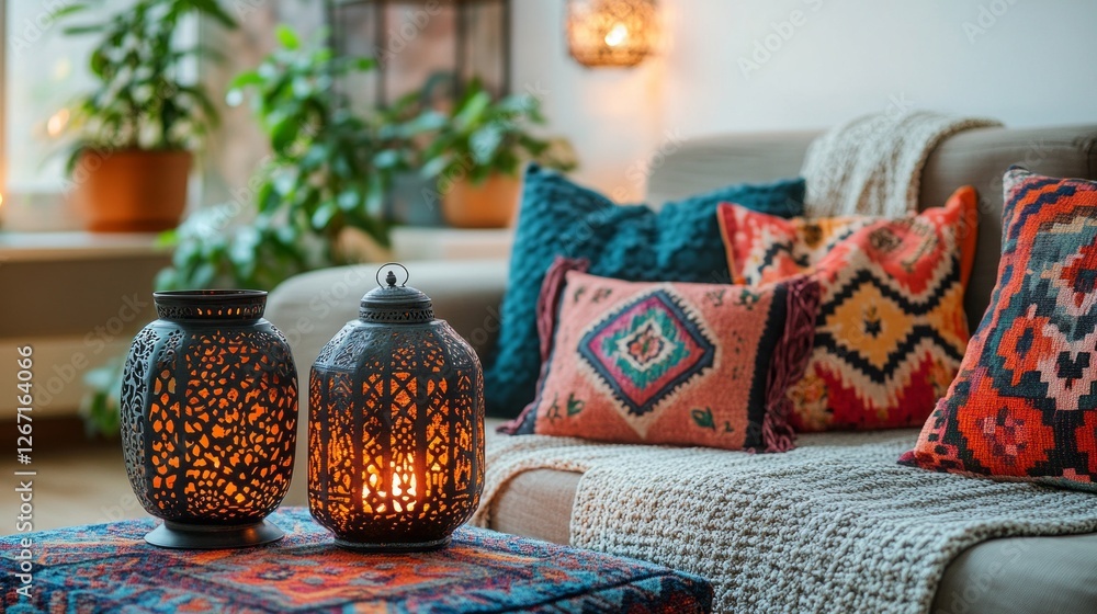 Poster soft light glows from intricately designed lanterns, illuminating a chic living room. plush cushions
