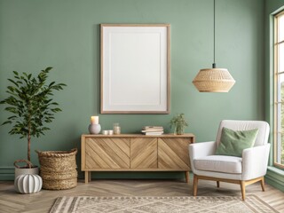 Modern Sage Green Living Room Mockup with Wooden Furniture