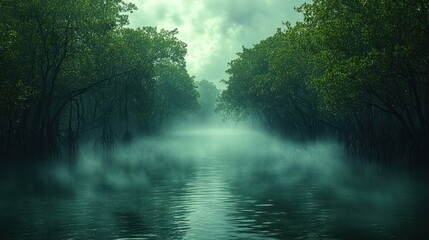 Misty Mangrove Mystique: A Serene Canal Enveloped in Fog