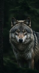 Fototapeta premium Majestic wolf in a mystical forest setting under soft light