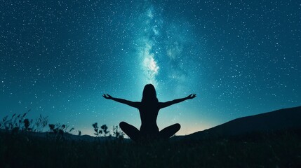 A meditative figure embracing nature under a dazzling starry sky, symbolizing harmony between humans and the universe, inviting peace and self-discovery.