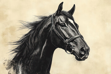 elegant and powerful horse in profile, made in black and white graphic technique.  