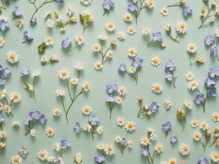 Delicate Floral Pattern of Daisies and Forget-Me-Nots on a Mint Green Background