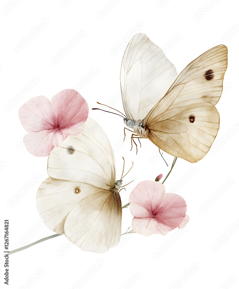 Poster delicate butterflies resting on soft pink flowers, creating a serene and harmonious natural scene