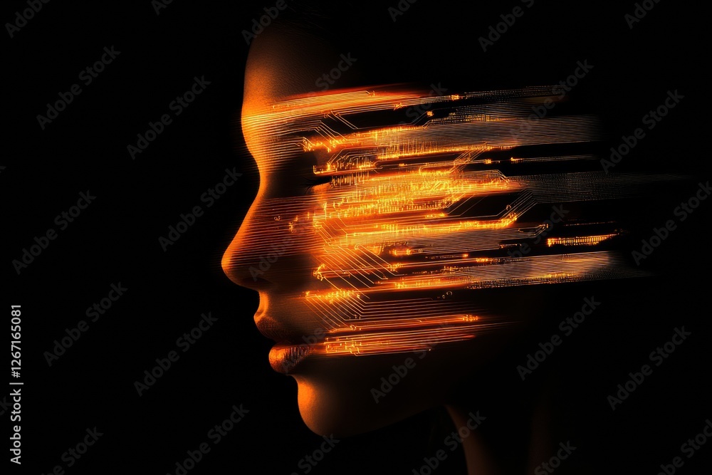 Aufkleber Merging of human face with glowing digital circuits showcases the fusion of technology and identity in modern art. Generative AI