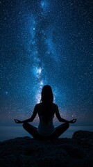 A peaceful figure meditating on rocky terrain, silhouetted against a breathtaking Milky Way, representing the harmony of inner peace and the beauty of the universe.