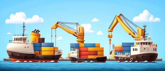 Two container ships docked at harbor with cargo on deck for transportation and logistics operations