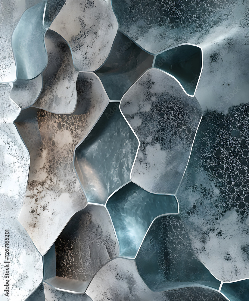 Poster a textured surface featuring irregular, organic shapes in shades of blue, gray, and metallic tones, 